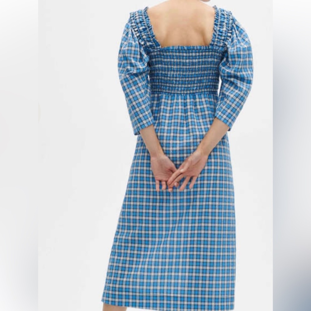 GANNI Seersucker Check Smock Midi Dress - Azure Blue size 8 - Picture 4 of 14
